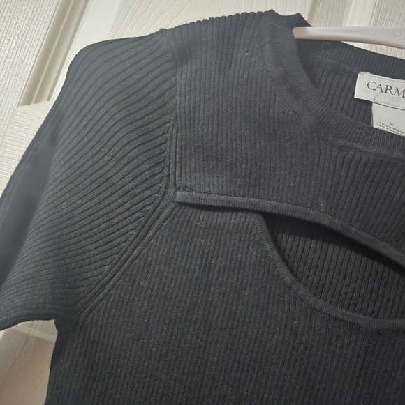 Ribbed Fitted Cutout 3/4 Sleeve Black Knit Sweater Top by Carmen Marc Valvo, EUC - Picture 4 of 8
